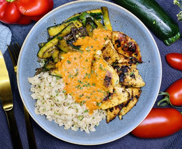 Hähnchenfilet mit Zucchini und Paprikasoße